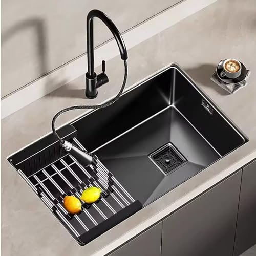 Fregadero de cocina de acero inoxidable nano de un solo tazón negro, fregadero de cocina integrado/fregadero de cocina profundo, fregadero de cocina moderno multifuncional con grifo de agua caliente y