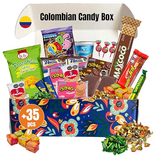 Colombian Assortment Candy Food Sweet Snacks Gift Crate Box Assorted Cookies, Chips & Candies Mix Variety Pack, Popular sweets, Fruit Snacks, Gift Snack Box for Lunches, Holiday Gifts. Birthday Collage Latin Sabor