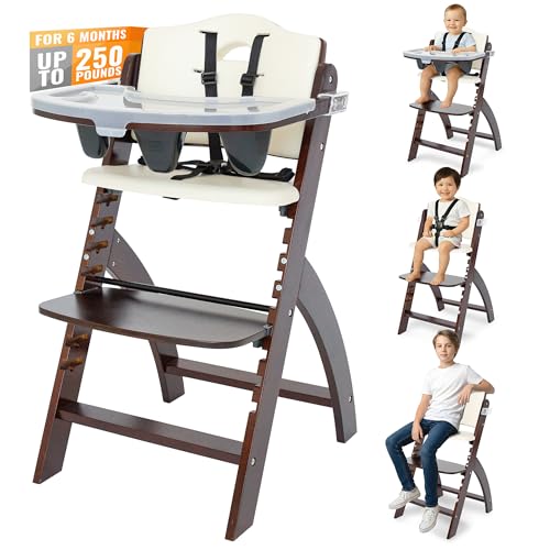 Abiie Beyond Junior Wooden High Chair for Babies and Toddlers - Convertible 3-in-1 Baby Highchair with Removable Tray - 6 Months to 250 Lb - Water Resistant - Mahogany Wood/White Cushion