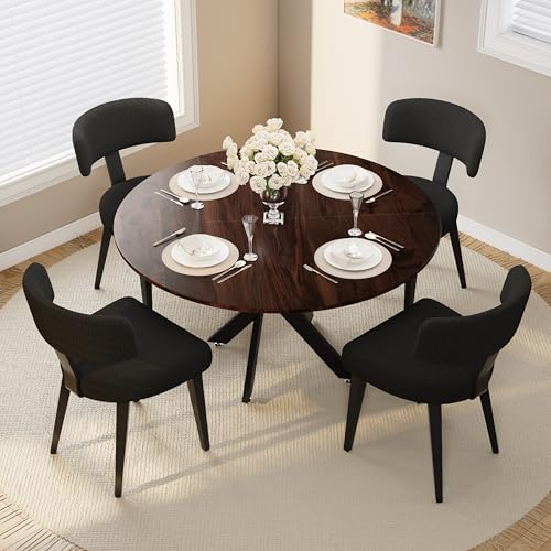 Image of Wood Dining Table Set for 4, 47 inch Round Kitchen Table with 4 Boucle Dining Chairs, MDF Tabletop with Metal Legs, Ergonomic Dining Chair with Metal Legs(Woodgrain Table)