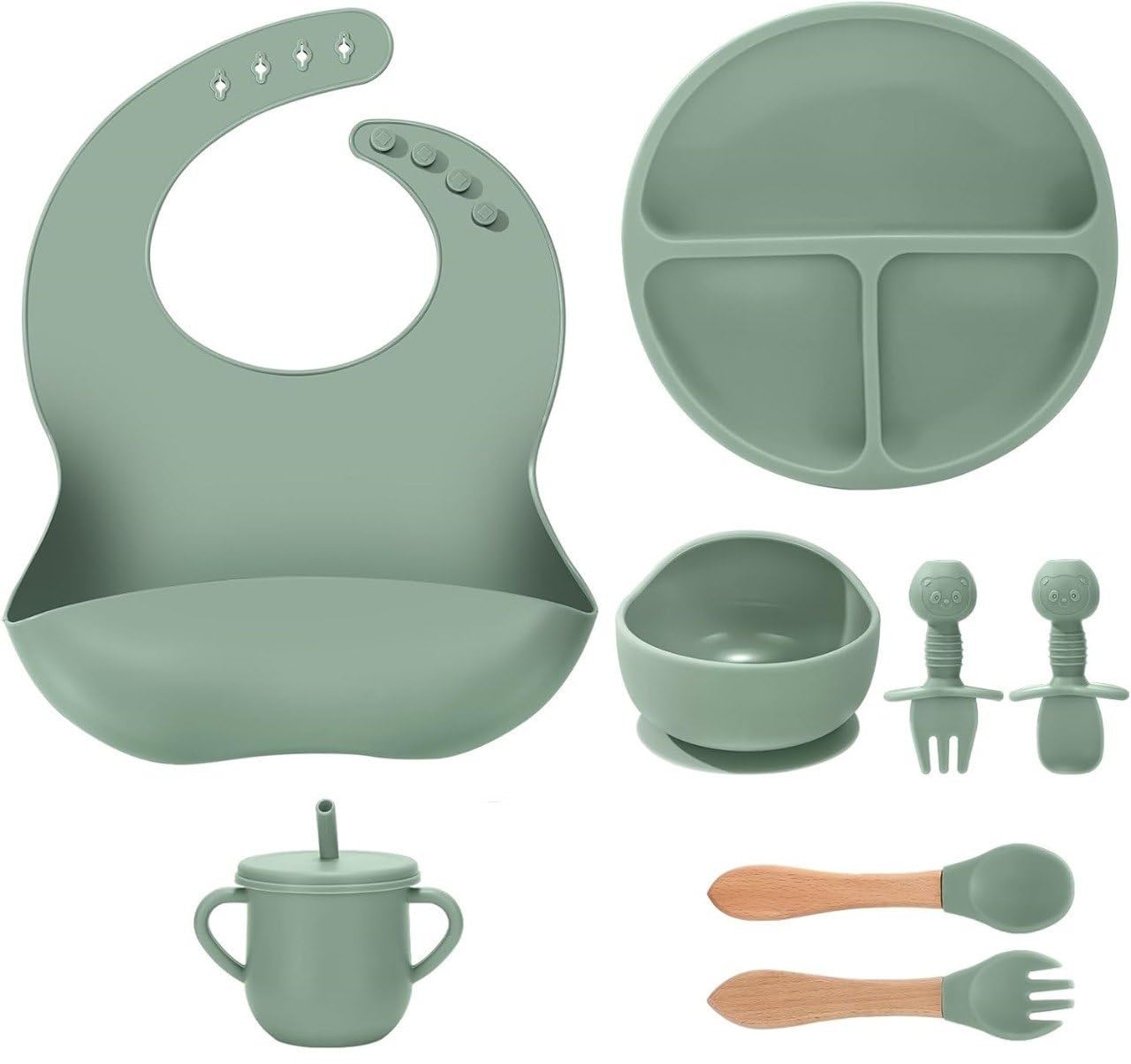 Finalize Silicone Suction Plates Solid for Baby&Toddler, Large Crumb Pouch, Suction Bowl, Cup, Fork and Spoon Cutlery Set, Easy Wipe Clean, Baby Feeding Sets for Babies and Toddlers 8 pic (Green)