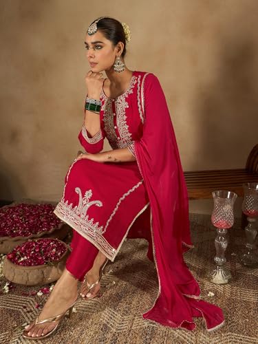 Image of INDO ERA Women's Silk Blend Kurta and Pant with Dupatta Set