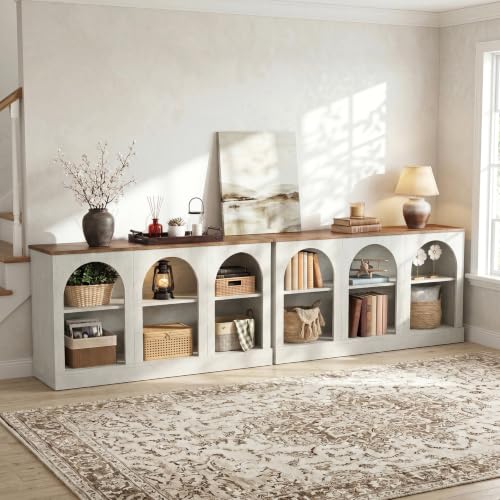 Image of Tribesigns Farmhouse Console Table Set of 2, Extra Long Entryway Table with 3 Tier Storage, Wooden Rectangular Sofa Table Behind The Couch for Entrance, Hallway, Living Room, Off-White and Brown