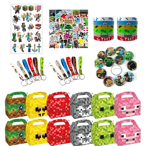 ENERFLAT Pixel Party Favors Set - 12-Pack Miner Party Gifts for Teens & Adults - Includes Paper Boxes, Keychains, Wristbands, Badges & More for Pixel Style Birthdays & Events