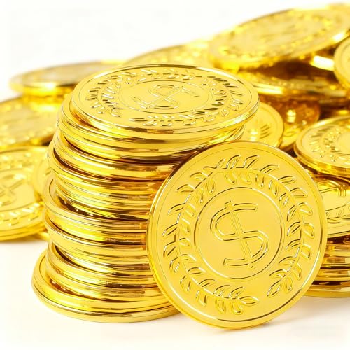 REGUICORP Plastic Gold Coins 110PCS Fake Coins for Pirate Play Toy Tokens Fake Gold Coins Bulks for Board Games Treasure Hunt Classroom Reward Adventure Theme Party Supplies