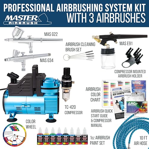 Image of Master Airbrush Cool Runner Dual Fan Air Compressor Professional System | Airbrushing System Kit with 3 Airbrushes, Gravity & Siphon Feed - 6 Primary Opaque Colors Acrylic Paint Artist Hose & Holder