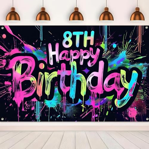 Image of HOMETITUTE Neon 8th Happy Birthday Banner 71x43 Inch Birthday Backdrop | Glow in the Dark Party Backdrop Features A Graffiti Style Design and Is Perfect for Wall Decorations at Neon Parties