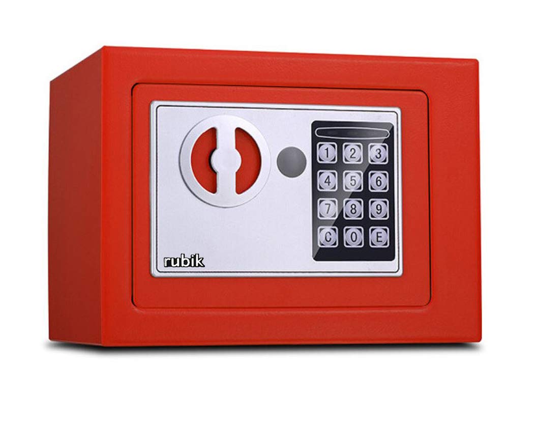 Rubik Mini Digital Safe Box with Electronic Keypad and Physical Key Lock for Home Office Hotel Jewelry Passport Watches Cash Storage (Red)
