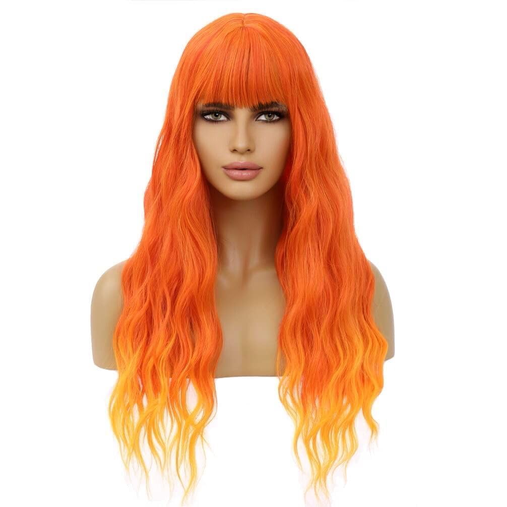 BERON 26 Inches Orange Wig Long Curly Flame Color Wig with Bangs for Women Daily Party Hairnet Include