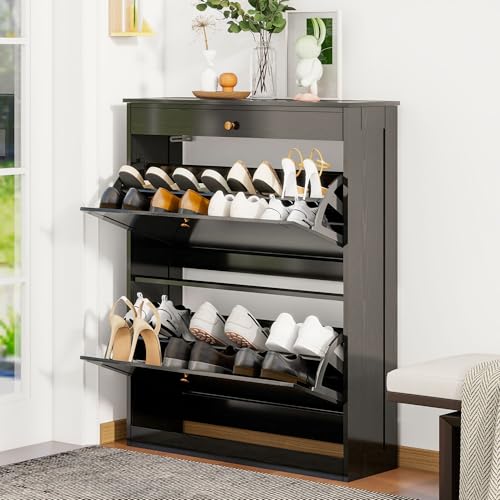 Wood Shoe Storage Cabinet, Hidden Shoe Rack Cabinet with 2 Flip Drawers - image 1
