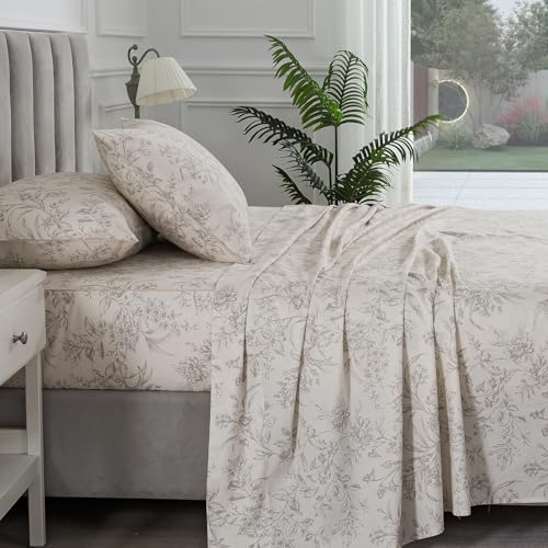 Image of Light Beige Vintage Floral Percale Sheets, Full Size 100% Cotton Flower Leaf Printed French Country Bed Sheets, Soft Crisp Deep Pocket Farmhouse Sheet Set, Cottagecore Designer Bedding, 4Pcs