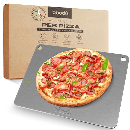 BIBODU Piastra in Acciaio per Pizza | Misure 40 x 30 cm - Spessore 6mm | Pietra per Pizza da Forno...