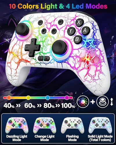 Image of Switch Controller Compatible with Switch /Switch Lite /OLED /PC, Programmable Wireless Switch Controller with 10 LED Light, 6-Axis Motion, Turbo, Vibration, One-Key Wake Up & Pairing, 1000mAh Battery, White