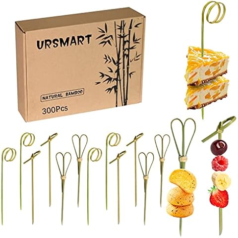 URSMART 300PCS Bamboo Cocktail Picks,Toothpicks for Appetizers 4.7Inch Appetizer Picks,Bamboo Handmade Skewers with Loop,Knot&Scissors for Appetizers,Cocktail Drinks,Barbecue(Every Style 100PCS) Cover