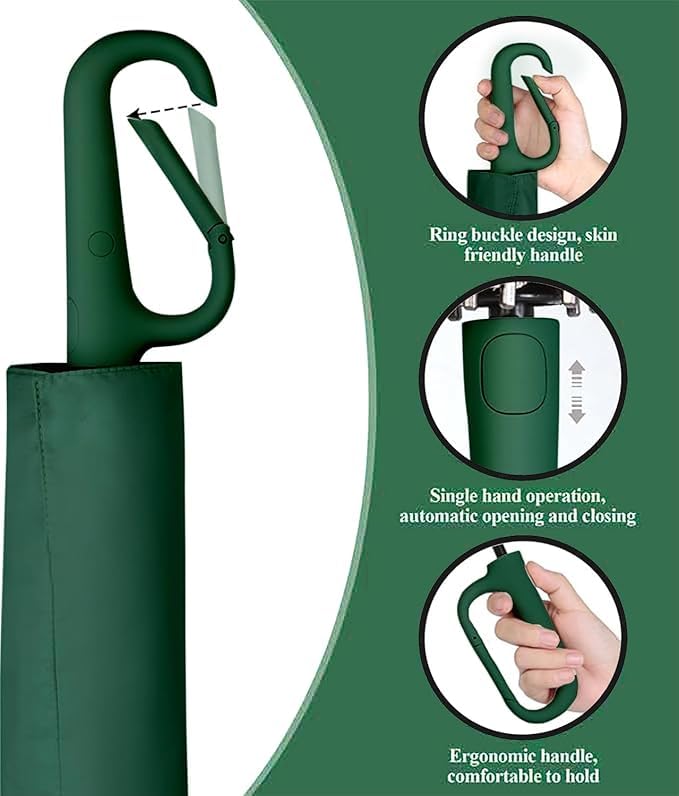 Image of TEKCOOL UV Umbrella with Novelty Carabiner Handle, Travel Umbrellas for Rain and Sun Windproof Compact, Automatic Open Close, 8 Ribs, Portable Umbrella for Men and Women(Green)