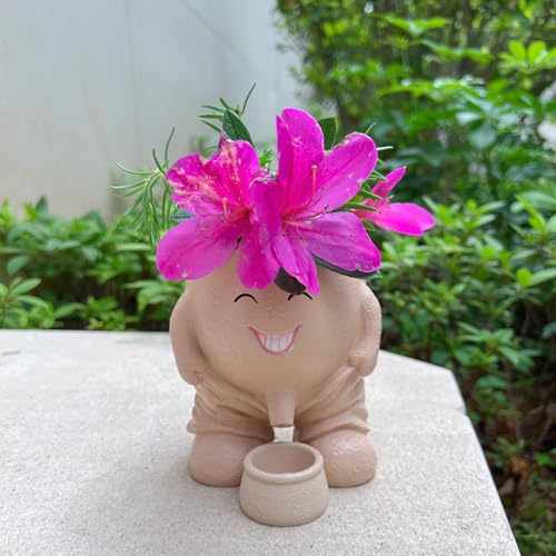 Zeehaor Peeing Plant Pot Smily Face Planter Pot Head Succulent Flower Pot Head Planter Unique Face Flower Pot for Indoor and Outdoor Decor Novelty Gift (Khaki)