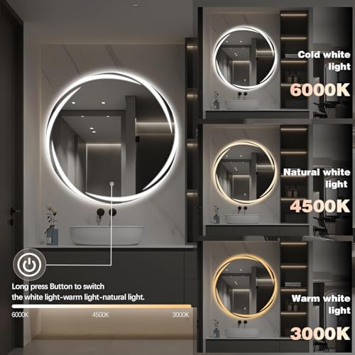 Image of ALFA Design 18 Inch Round Frameless LED Mirror | Wall Mounted with Touch Sensor, 3 Light Modes Natural, Warm & Cold White | Wall Decor for Living Room, Entryway, Washroom