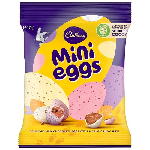 Cadbury Sac de Mini Oeufs en Chocolat 80g – Mini œufs en chocolat au lait solide dans une coquille de sucre croquante. Formes de Pâques.