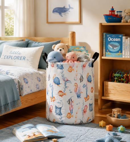 Image of Large Laundry Basket Canvas Storage Bins Baby Nursery Hamper for Boys and Girls Toy Box Gift Baskets for Home,Office,Home Decor