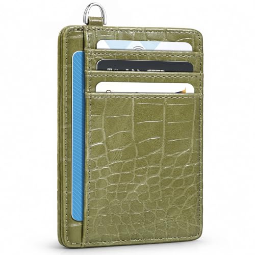 Image of Coco Rossi Crocodile Wallet Women Slim Credit Card Holder with Keychain | Luxury Wallets, Alligator Print, RFID Blocking, ID Case, Small Minimalist, Womens Girls Gift, Olive Croc