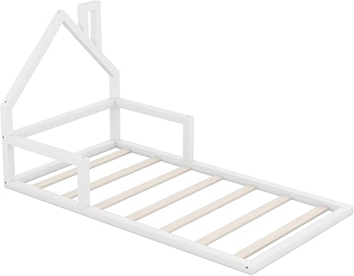 Miniatura 6 de Bellemave Marco de cama de suelo de tamaño individual, marco de cama de madera con cabecera en forma de casa, cama Montessori tamaño individual con