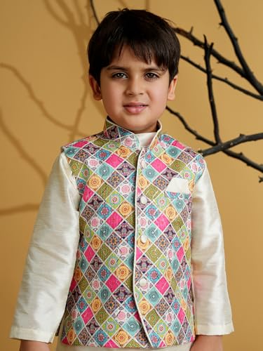 Image of AJ DEZINES Kids Silk Blend Full Sleeve Embroidered Dhoti Kurta Set for Boys - Ethnic wear | Traditional & Festival Wear|Waistcoat for boys - Regular Fit