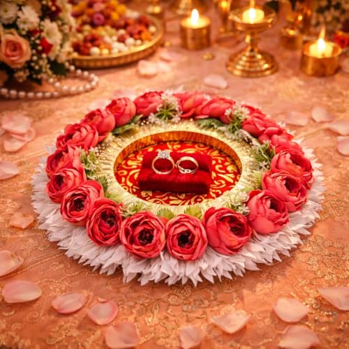 Image of SATYAM KRAFT 1 Pc Handcrafted Engagement Ring Holder Platter Round thali-Ideal for Ring Ceremony, Sagai,shaadi Decor,Marriage, Handmade Decorative Platter for Brides Maid (Pink)