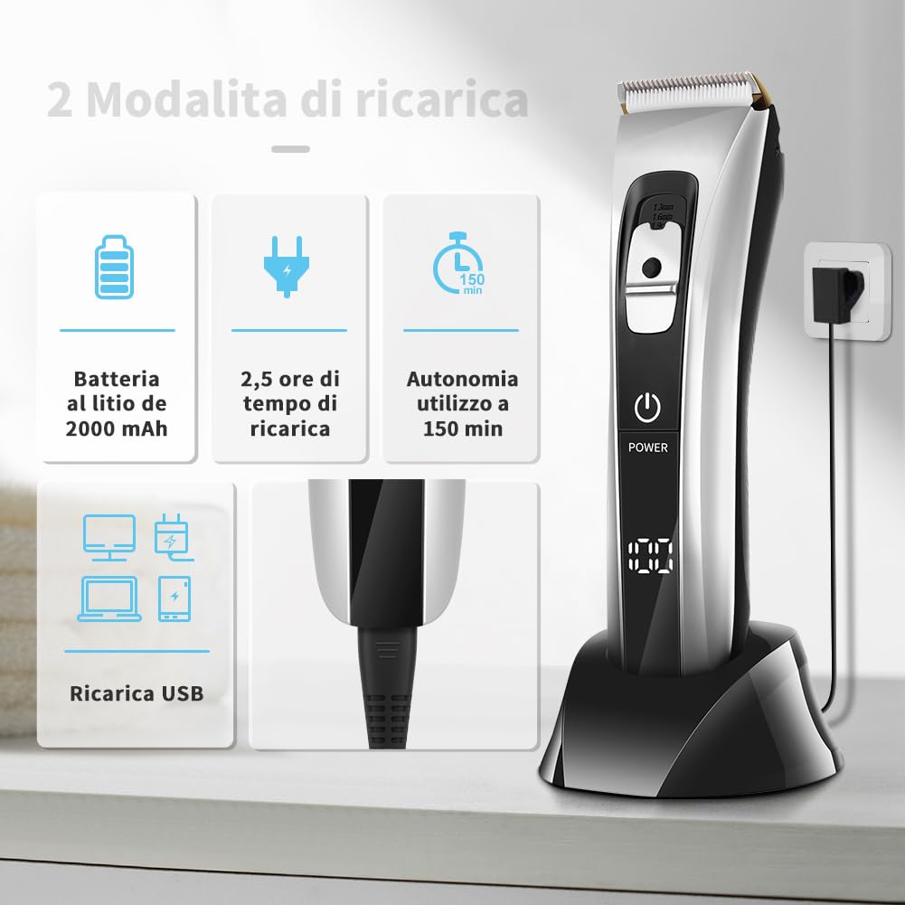 Tagliacapelli Uomo Professionale Regolabarba Elettrico Lama Regolabile Ceramica Titanio con 8 Pettine di Precisione Schermo LCD Impermeabile