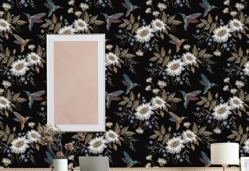 Image of Wallpaper Peel and Stick Vintage Flowers Leaves Birds Pattern Design Botanical Tropical Floral Textured Butterfly Wall Decor Removable Waterproof Adeshive Wallpaper 16.5X87Inch