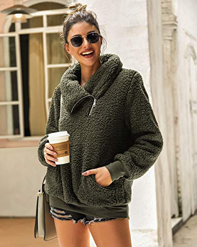 ZESICA Women's Turtleneck Long Sleeve Oblique Zipper Fuzzy Fleece Pullover Casual Loose Sweatshirt Coat with Pockets Green