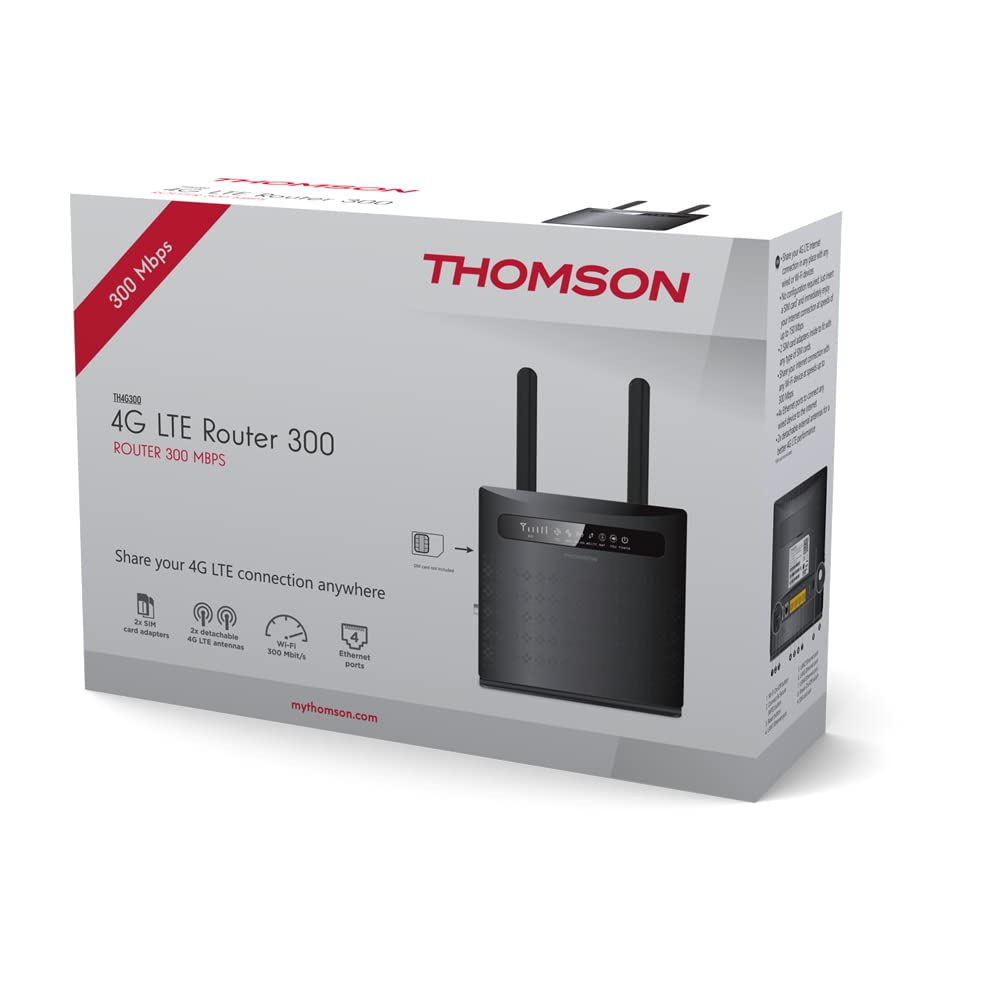 Thomson THOMSON THThomson 300 Routeur LTE, 300 Mbps, Wi-FI Via Carte SIM, WiFi, jusqu'à 300 Mbit/s, 2 antennes, 4 x Ethernet, 2 adaptateurs de Carte SIM, Inte, TH4G300