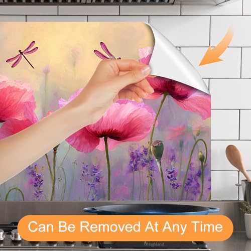 Image of Pink Poppy Dragonfly Backsplash Peel and Stick, 35.4x23.6 in
