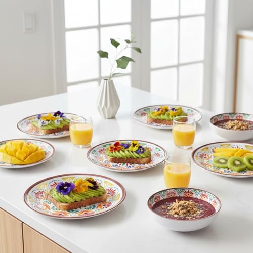 Image of 12-Piece Melamine Dinnerware Set,Service for 4, Durable Plate and Bowl, Floral Pattern Tableware for Parties & Home, Dinner Salad Dessert Plates, and Cereal Bowls Set,Housewarming Wedding Gift - Brown