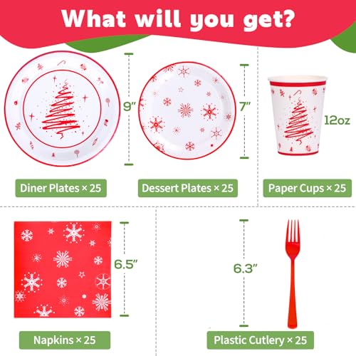 Christmas Party Supplies Decorations, Christmas Disposable Plates and Napkins with Paper Plates, Napkins, Cups and Forks - Serves 25 – Image 4