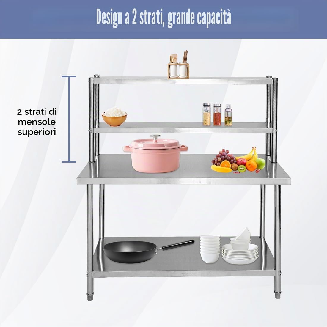 Banco da Lavoro Acciaio 120x60x80cm Regolabile 250kg per Cucina | Resistente, Facile Pulizia, Antiruggine, 2 Ripiani, Spazio Inferiore, per Ristorante, Officina, Hotel, Giardino