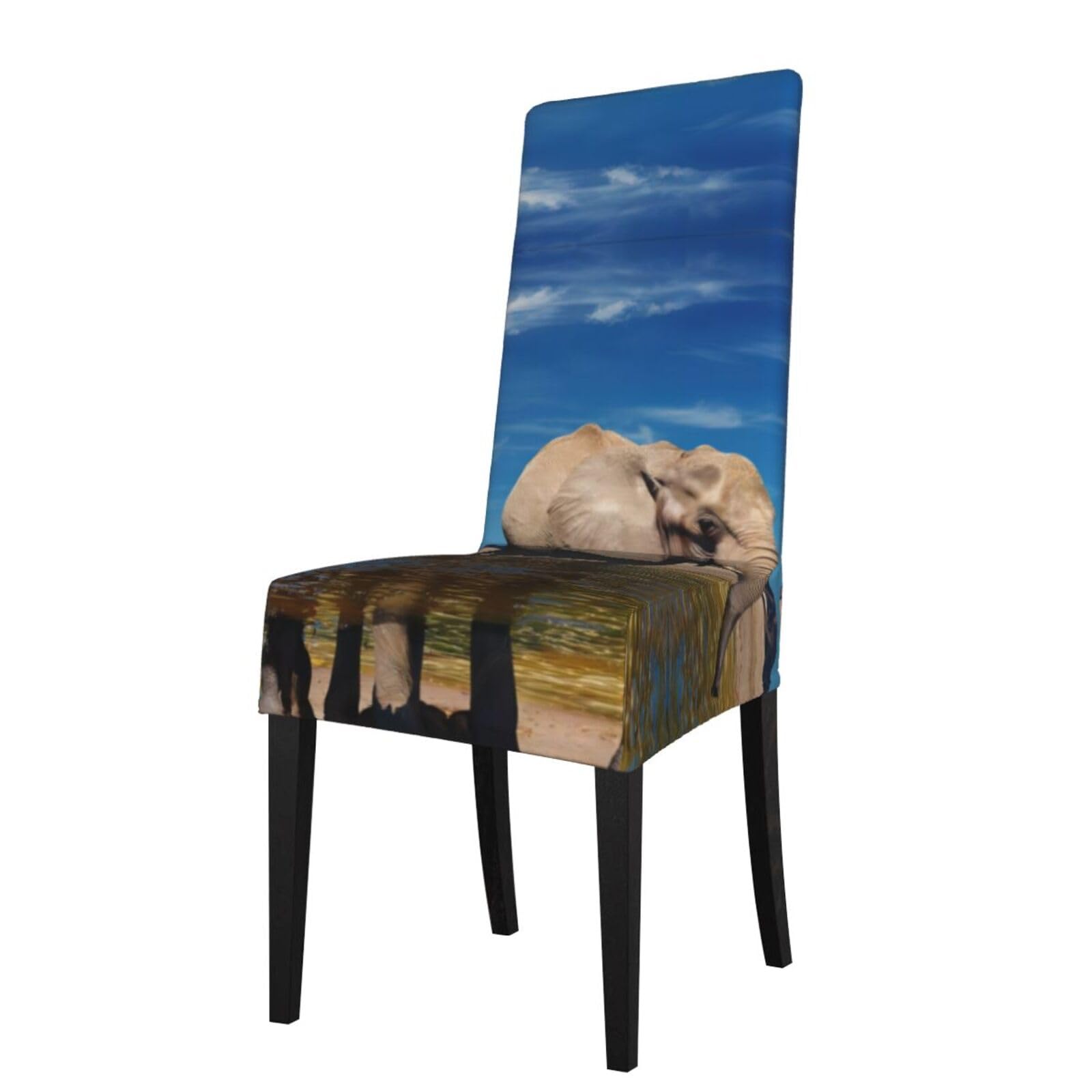 Hlsbssl Black Big Ears Elephant Printed Dining Chair Covers, Fully Enclosed, Removable And Washable, Suitable For Family Banquets And Celebrations