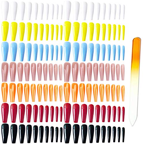 editTime 140pcs Super Long Fake Nails Coffin Glossy or Matte Press on Nails Ballerina Solid Color Acrylic False Nails Art Salon Faux Ongles Fingers Nails (Glossy-2)