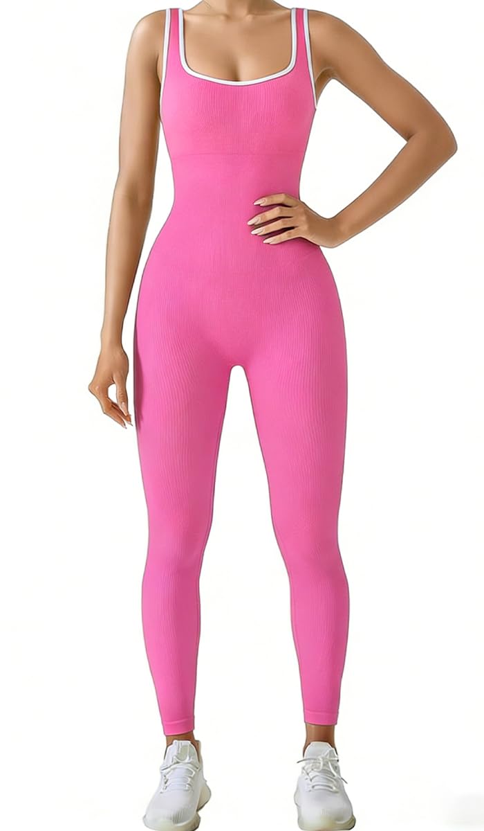 Jumpsuit Deportivo Mujer, Enterizo Mujer, Traje de Yoga sin Mangas de Secado Rápido con Almohadilla para el Pecho, Adecuado para Correr, Yoga, Fitness, Ropa al Aire Libre - Chica - Rosa Fucsia