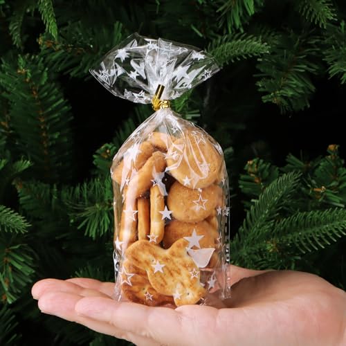 BETESSIN Geschenktüten Weihnachten - 100 Stück 9.5x16cm Cellophantüten Transparent mit weißen Stern Motiv - Plastiktüten mit Bindedraht - Weihnachtstüten für Süßigkeiten, Kekse & Plätzchen