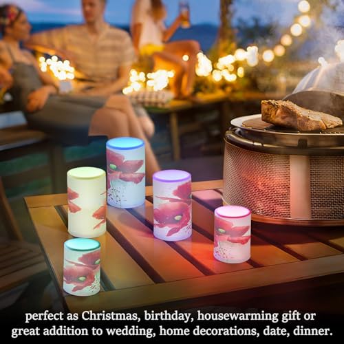 Image of Red Poppies Flickering Flameless Candles LED Battery Operated with Remote Timer Pillar Candles for Home Birthday Wedding Christmas Decor, Set of 2
