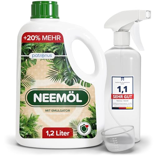 Natürliches Neemöl mit Emulgator 1200 ml – inkl. Sprühflasche & Messbecher – Ergibt 120 L sprühfertiges Neem-Öl Spray – Niemöl zur natürlichen Pflanzenpflege für drinnen & draußen