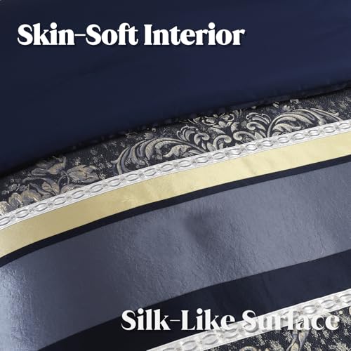 Image of CozyDH 7-Piece Navy Blue Comforter Set King - Luxury Jacquard Damask Vintage Floral Gold Striped Bed in a Bag, All Season Down Alternative Bedding with Bed Skirt, Shams, Decorative Pillows, 104x90 in