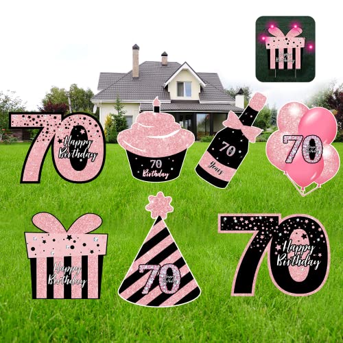 70Th Birthday Decorations For Women - Combojoy 7Pcs Black & Pink 70Th Birthday Yard Signs, 2Pcs Led String Light, Perfect Happy 70Th Birthday Lawn Decorations For Women, Weatherproof #TOP8