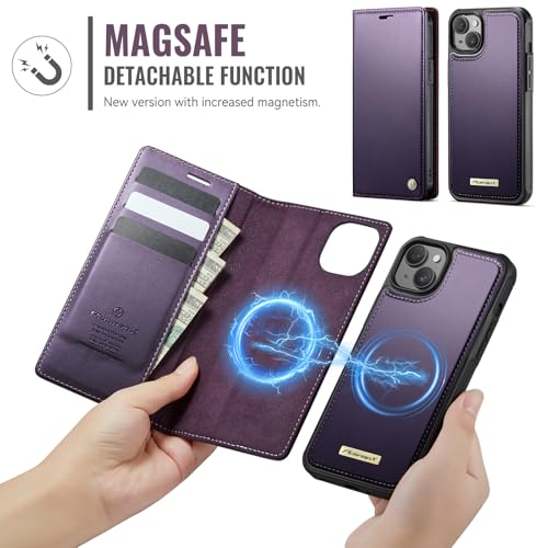 Image of Wallet Case for iPhone 13 Compatible with Magsafe, 2-in-1 PU Leather Flip RFID Blocking Card Holder Stand Shockproof Magnetic Detachable Cover for iPhone 13 Case 6.1 inch, Fashion Purple