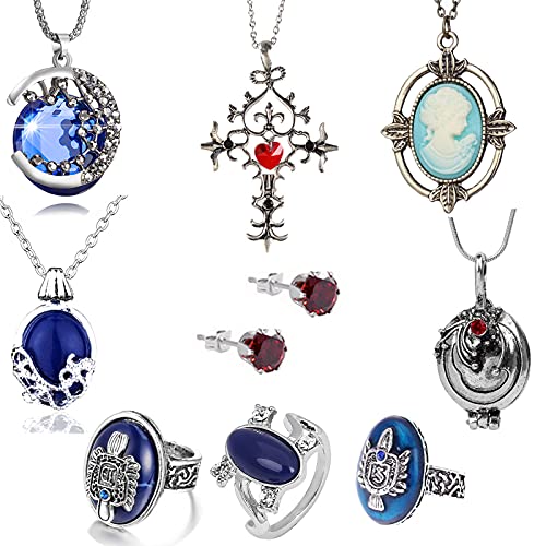 XHBTS 10 Set Replace The Vampire Diaries Daywalking Katherine Sapphire Crystal Pendant Necklaces Ring Elena Verbena Opening Charm Necklace Movie Jewelry Set Cosplay For Fans