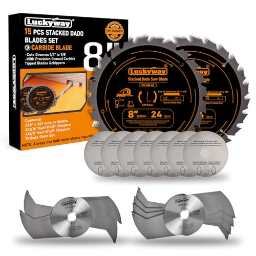 Luckyway Dado Blade Set, 8 Inch Stacked Dado Blades for Table Saw 24 Carbide Tip Tooth with 5/8 Inch Arbor, Cutting Width from 1/4' to 7/8' - 15 Pieces