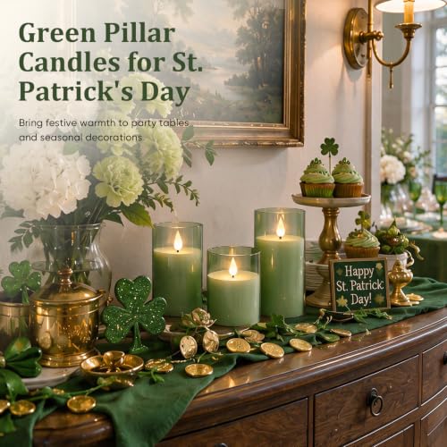 Image of Homemory Sage Green Flameless Candles, Acrylic LED Pillar Candles with Remote Timer, Set of 3