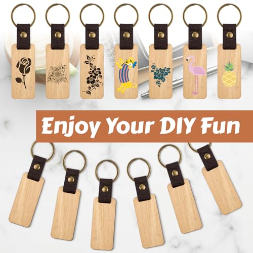 Maxmoc Holz Schlüsselanhänger, Blanko & Leder, Personalisierbar für Lasergravur, DIY Verschiedene