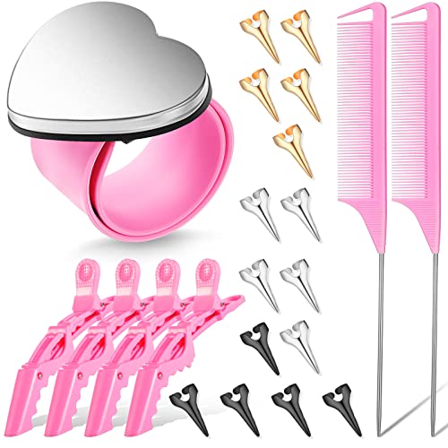 22 Pces Hair Braiding Tools with Magnetic Wrist Sewing Pincushion Pin Wristband Stainless Stitch Braid Finger Ring Tool Pintail Rat Tail Comb Sectioning Alligator Clips Salon Home(Pink)