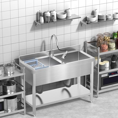 Image of 46.9Inch Stainless Steel Utility Sink 2-Compartment Commercial Sink with Pull-out Faucet, Free Standing Double Bowl Kitchen Sink for Restaurant, Garage, Shop, Cafe